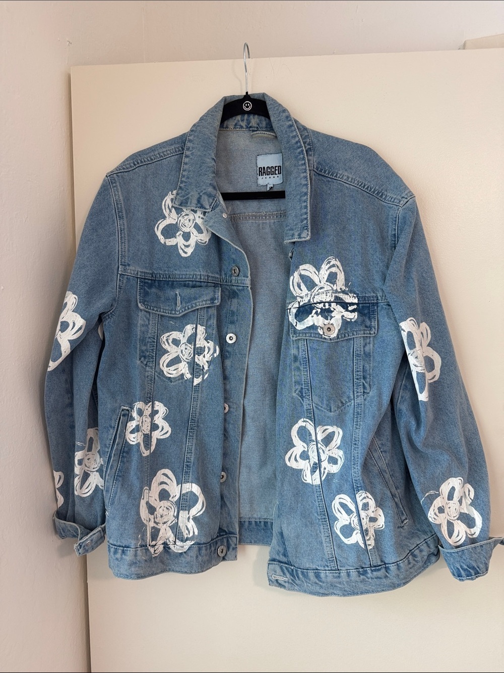 Ragged Denim Jean Jacket with White Floral Print - Light Blue